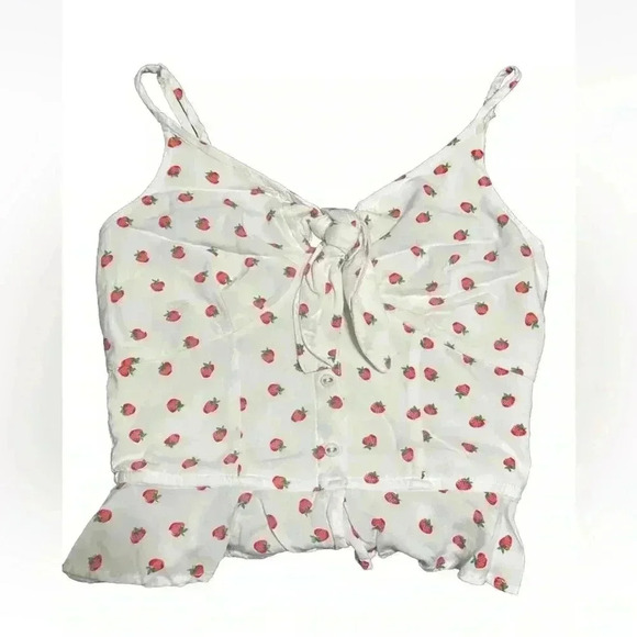 Japna Women’s S Crop Tank W All Over Strawberry Print Tie Ruffle Base casual - Picture 1 of 7